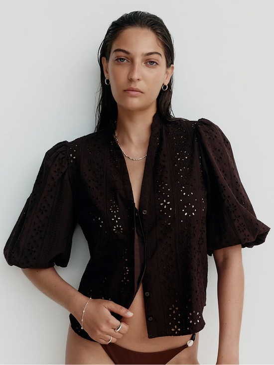Zara Tops - Zara Eyelet Puff Sleeve Blouse in Brown Size Small